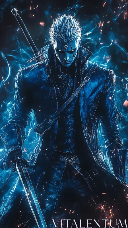 Swordborn frost wraith strides through crackling blue fire.