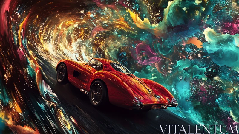 Crimson classic car storms through a swirling cosmic aurora.