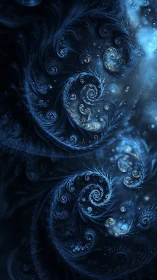 Midnight fractal spirals bloom through luminous cosmic frost.