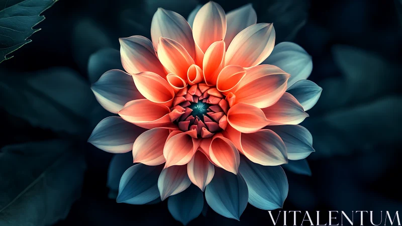 Symmetrical Dahlia Structure with Radial Petal Gradient and Volumetric Lighting