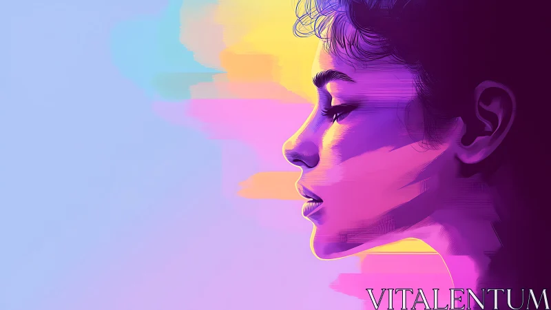 Side profile digital portrait with gradient color bands.