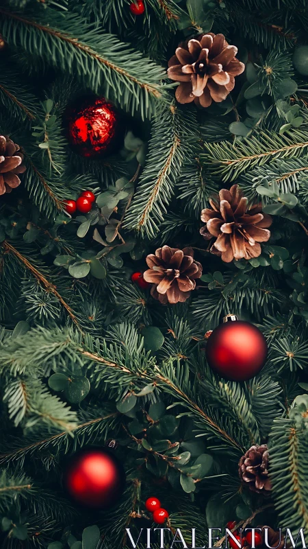 Red baubles glow among evergreen branches and pinecones.