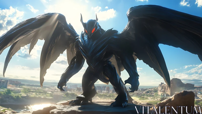 Winged armored demon towers above sunlit modern cityscape.