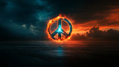 Solar peace emblem blazing over storm-darkened ocean dusk.