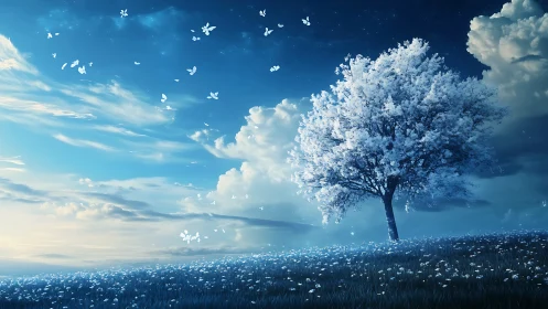 Moonlit meadow tree beneath drifting petals and soft clouds.