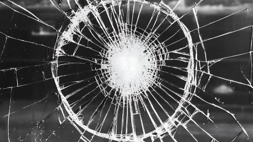 Shattered glass radiates from a stark circular impact point