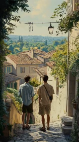 Two friends wander a sunlit hillside village at golden hour