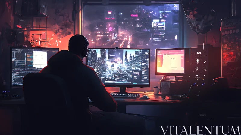 Cyberpunk workstation shows multi-monitor coder in neon-lit studio
