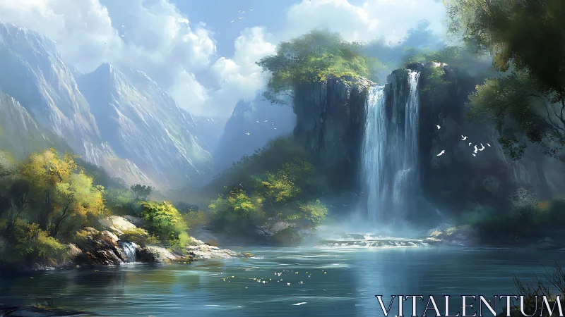 Sunlit alpine gorge with central waterfall and misted lake