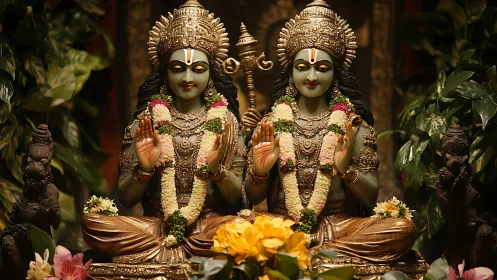 Symmetrical Hindu deities in detailed sculptural shrine lighting study