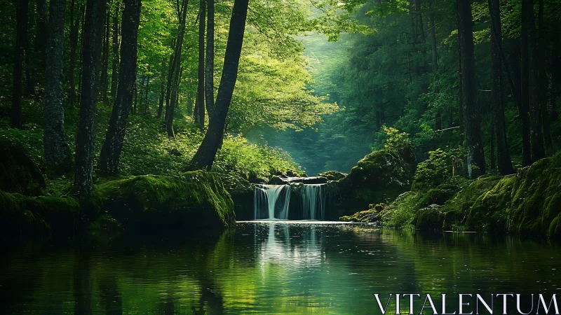 Serene Forest Waterfall in Verdant Woodland Stream