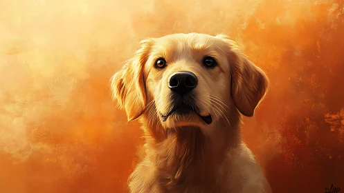 Digital painting portrait of golden retriever on warm bokeh field.