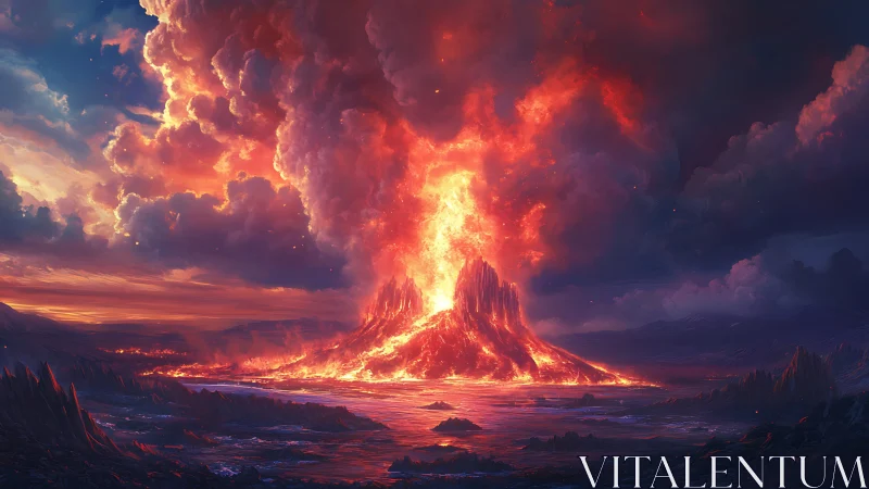 Volcanic eruption over lava field under dense storm clouds.