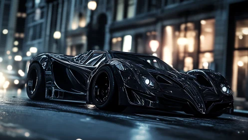 Sleek black futuristic supercar parked on wet city street.