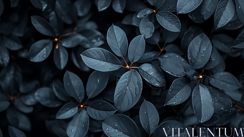Dark blue leaves show water droplets on overlapping foliage