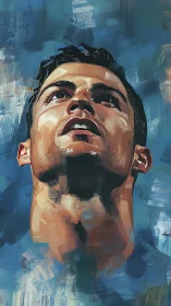 Portrait painting of upward looking male face in blue field.