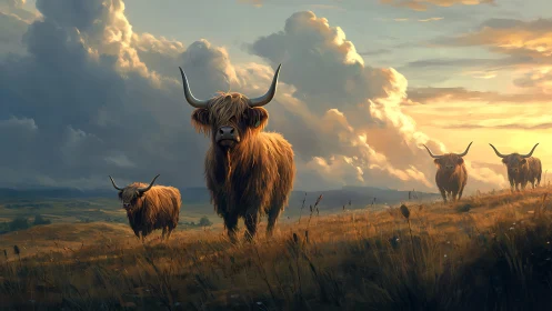 Sunset guardians, shaggy highland cattle beneath wild clouds.