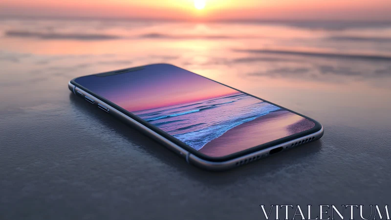 Smartphone screen mirrors vivid sunset over calm ocean