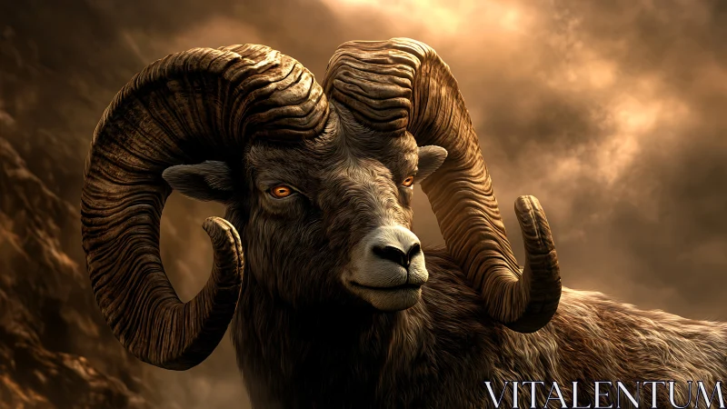 Digitally rendered ram with coiled horns stands in haze