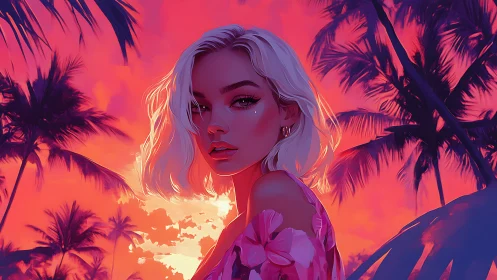 Chromatic coastal portrait under neon-gradient tropic sky.