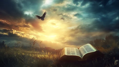 Open illuminated book under dramatic sunrise sky with flying dove