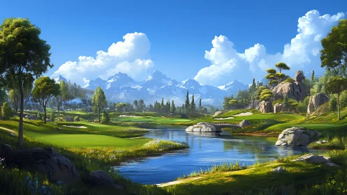 Mountain golf course beside reflective river under blue sky.