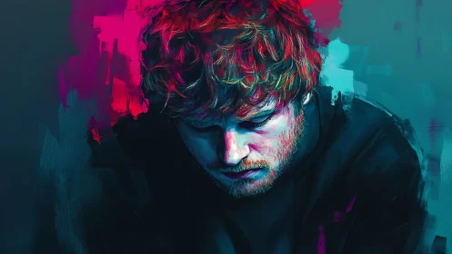 Moody portrait of a thoughtful man in neon brushstrokes.