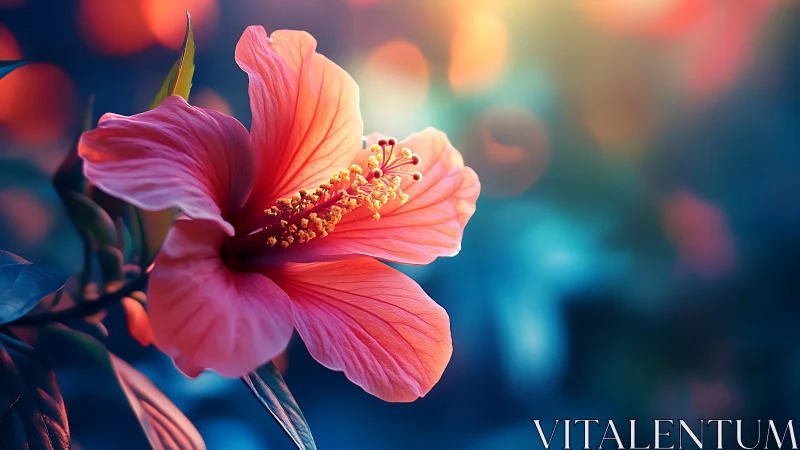 Pink Hibiscus Flower with Golden Stamens Against Blurred Bokeh Background