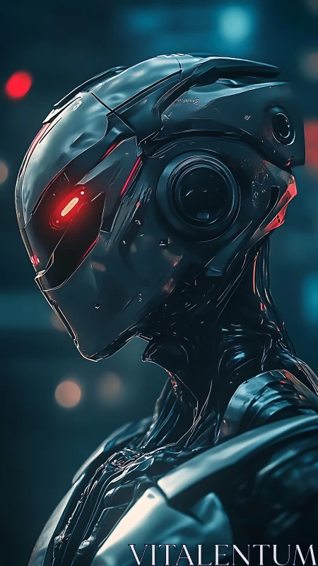 Cinematic cybernetic humanoid with illuminated red optic sensor