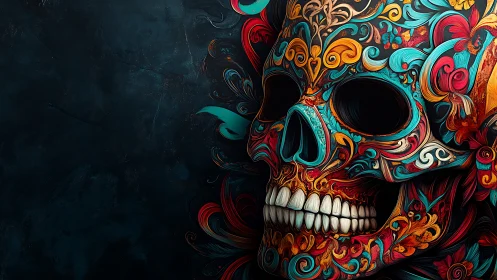 Ornate sugar skull glows with vivid swirling flourishes.
