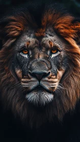 Majestic lion portrait with intense amber gaze in shadowed light.