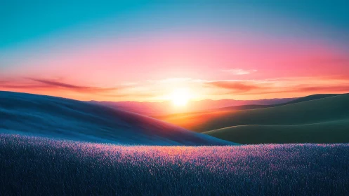 Sunlit horizon over rolling grass hills in vivid color.