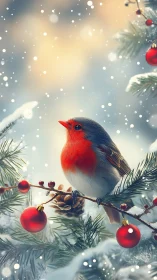 Robin on snow covered fir branch with red ornaments.