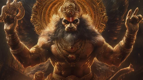 Lion-headed deity blazes forward crowned in molten gold