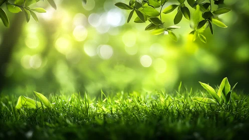 Sunlit Green Grass and Leaves in Soft Focus Nature Scene.