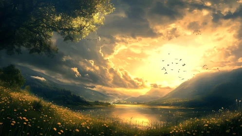 Sunlit valley lake reflects dramatic clouds at golden hour