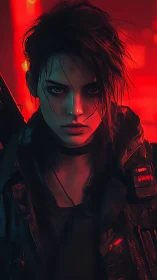 Cyberpunk portrait of armed woman in red neon light.
