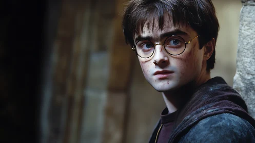 Photorealistic portrait of tense young wizard in stone corridor.