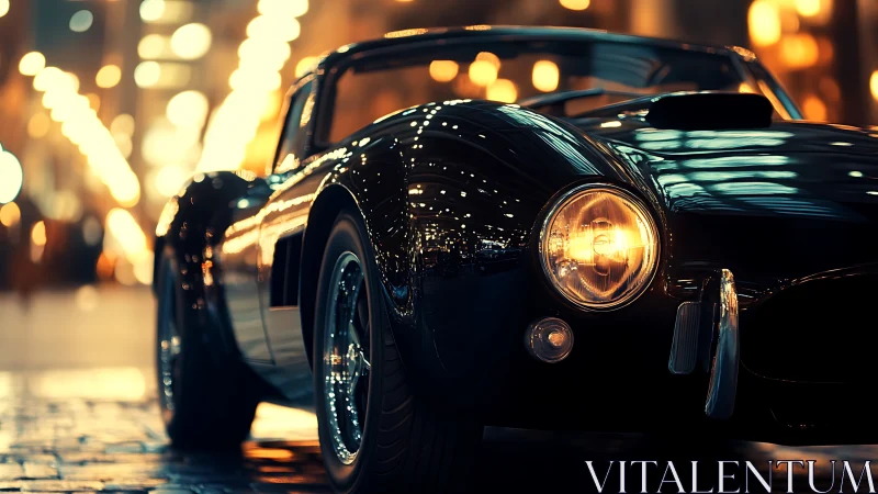 Black vintage sports car parked on wet city street at night