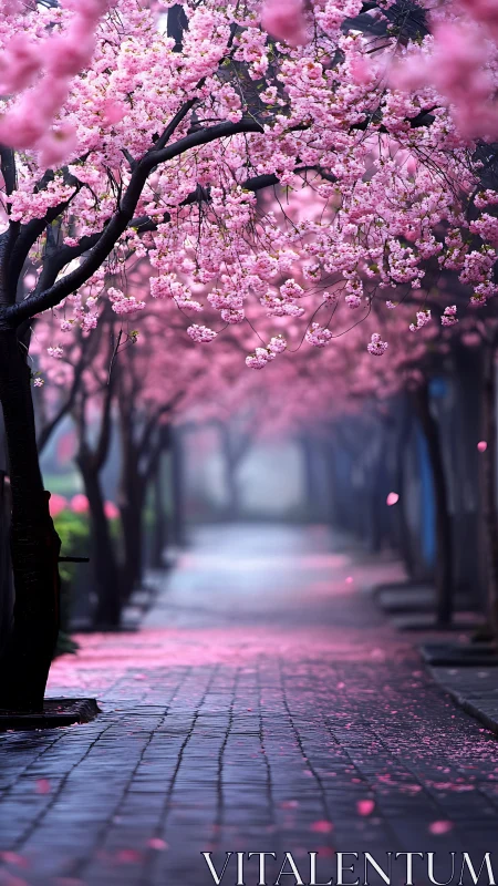 Blossom-lined cobblestone path under misty spring canopy.