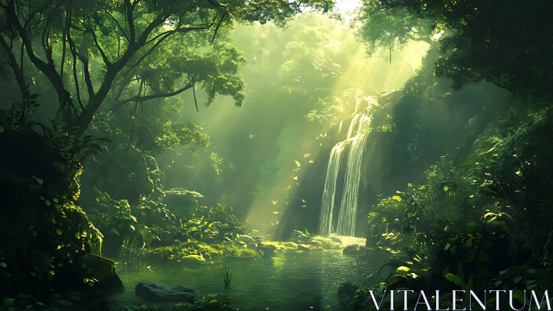 Enchanted Waterfall in Misty Green Forest.