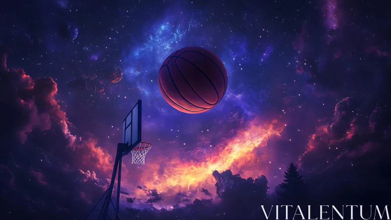 Cosmic basketball trajectory intersecting nebular night sky.
