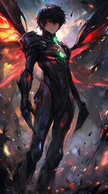 Dark-winged anime guardian stands glowing in swirling embers