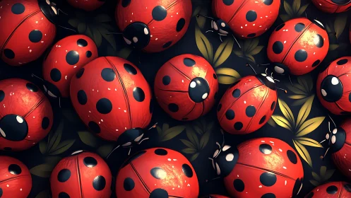 Close-up pattern of glossy red ladybugs on dark leaves.