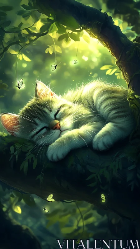 Sleeping white cat surrounded by luminous magical forest