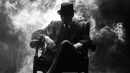 Silhouetted man in suit sits in swirling monochrome smoke