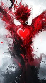 Red humanoid figure with glowing heart dominates frame