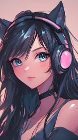 Digital portrait of cat ear headphone anime character.