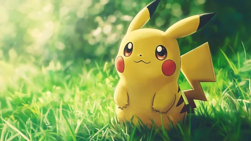 Pikachu sits in bright green grass under soft forest light