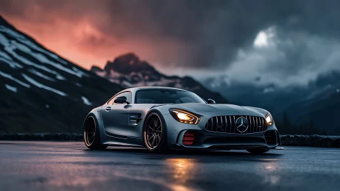 Silver sports car cuts through stormy mountain dusk in style